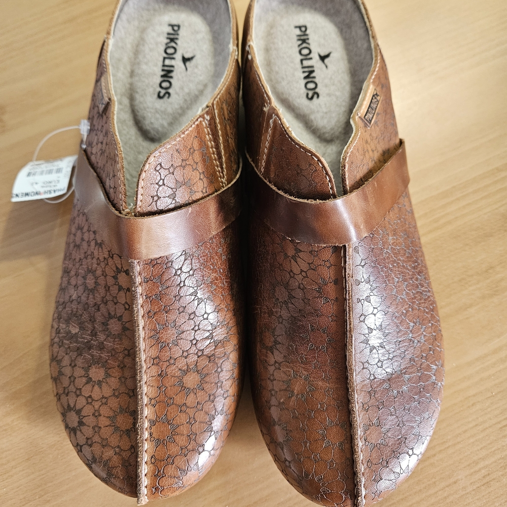 PIKOLINOS Brown Tan Floral-Patterned Leather Clogs - Picture 2 of 8